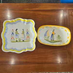 2 Vintage Henriot Quimper Signed French  platers Breton Women Pottery
